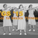 Vintage photo of ladies doing a standing workout routine.