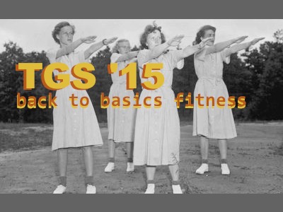 Vintage photo of ladies doing a standing workout routine.