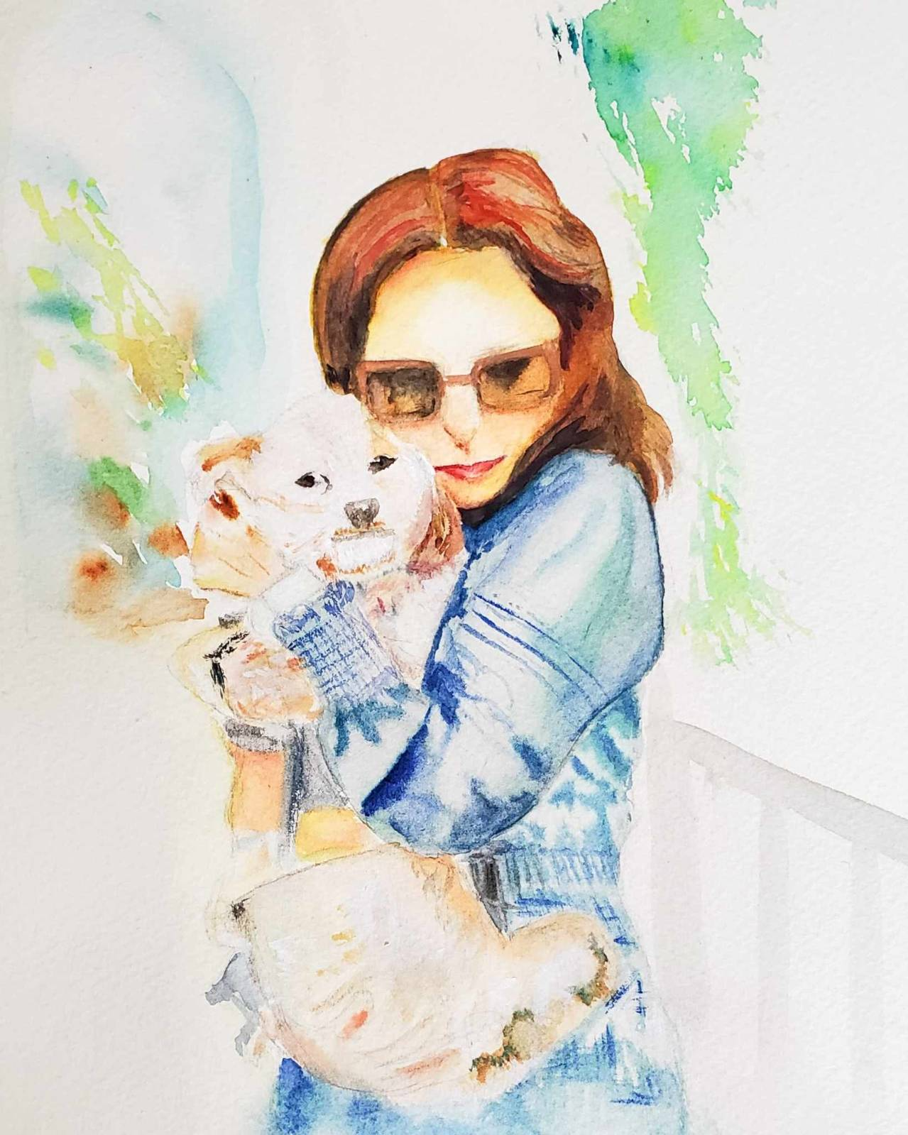 Watercolor portrait of a woman hugging a small white dog.